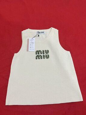 Miu Miu Green Rhinestone Logo Knit Tank Top NWT